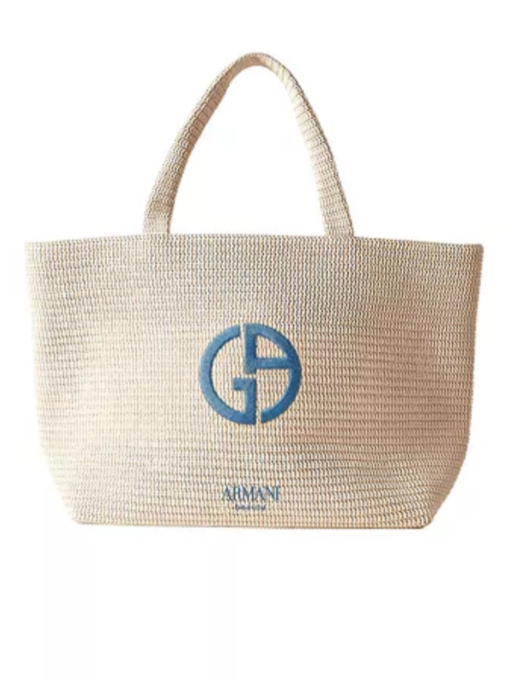 Authentic Giorgio Armani Cream Woven Large Tote / Beach Bag with Blue Logo